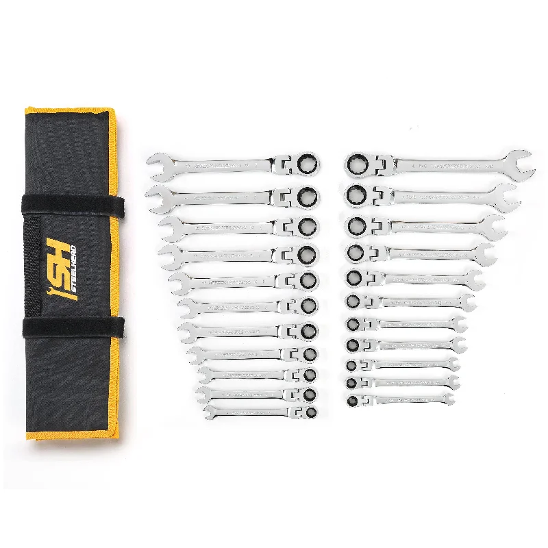 22 Piece SAE and Metric Flexible Head Ratcheting Wrench Set