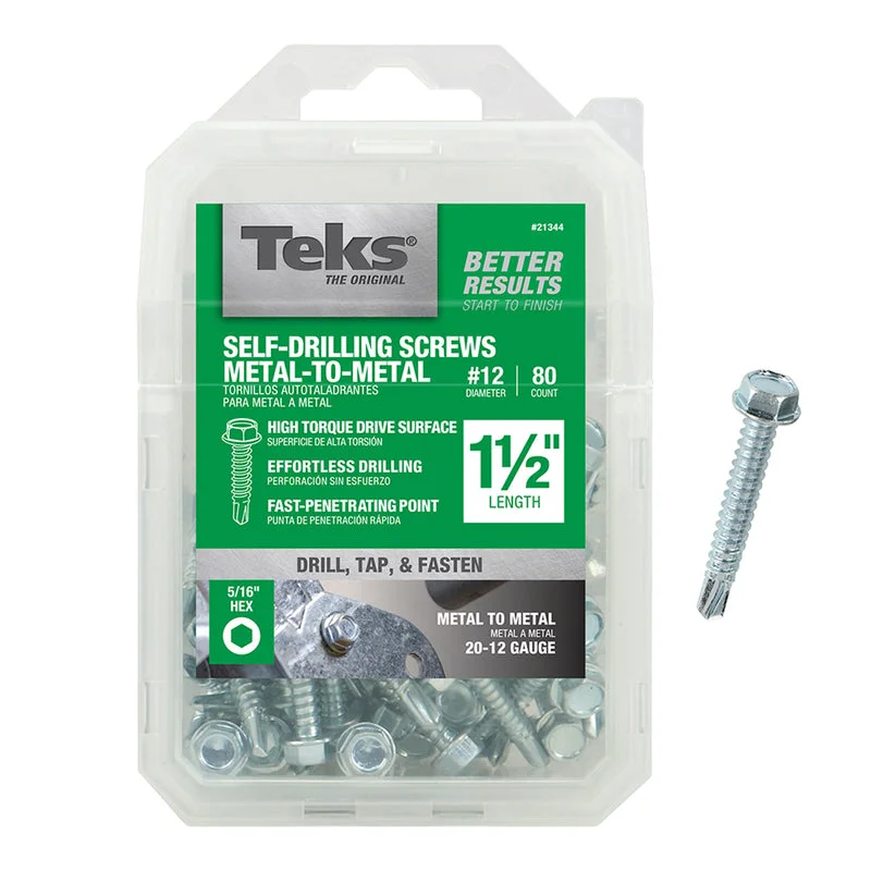 Teks No. 12  x 1-1/2 in. L Hex Washer Head Zinc-Plated Steel Sheet Metal Screws 80 pk