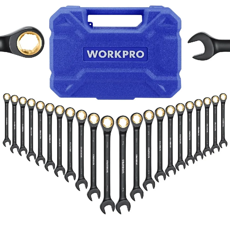 WORKPRO 22-piece Regular/Flex-head Ratcheting Wrench Set Anti-Slip Tooth with Organizer Box, Metric 6-18mm & SAE 1/4-3/4"