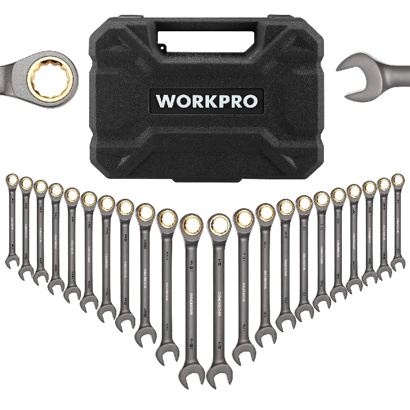 WORKPRO 22-Piece Regular/Flex-Head Ratcheting Wrench Set with Organizer Box, 72 Teeth, Metric 6-18mm & SAE 1/4-3/4"