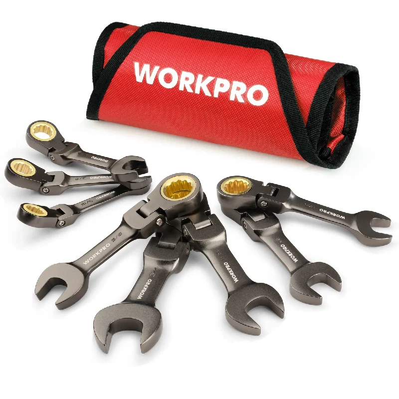 WORKPRO 8 Pcs Flex-Head Stubby Ratcheting Combination Wrench Set